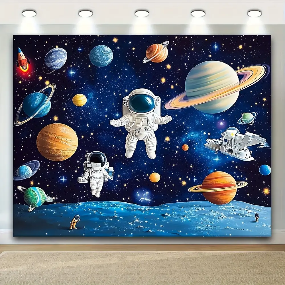 1 piece, multi-functional studio background featuring a cosmic planet, galaxy, astronaut, rocket. Perfect for party photo backgrounds, birthday banner decorations, baby baptism photo booth props, and birthday cake tables.