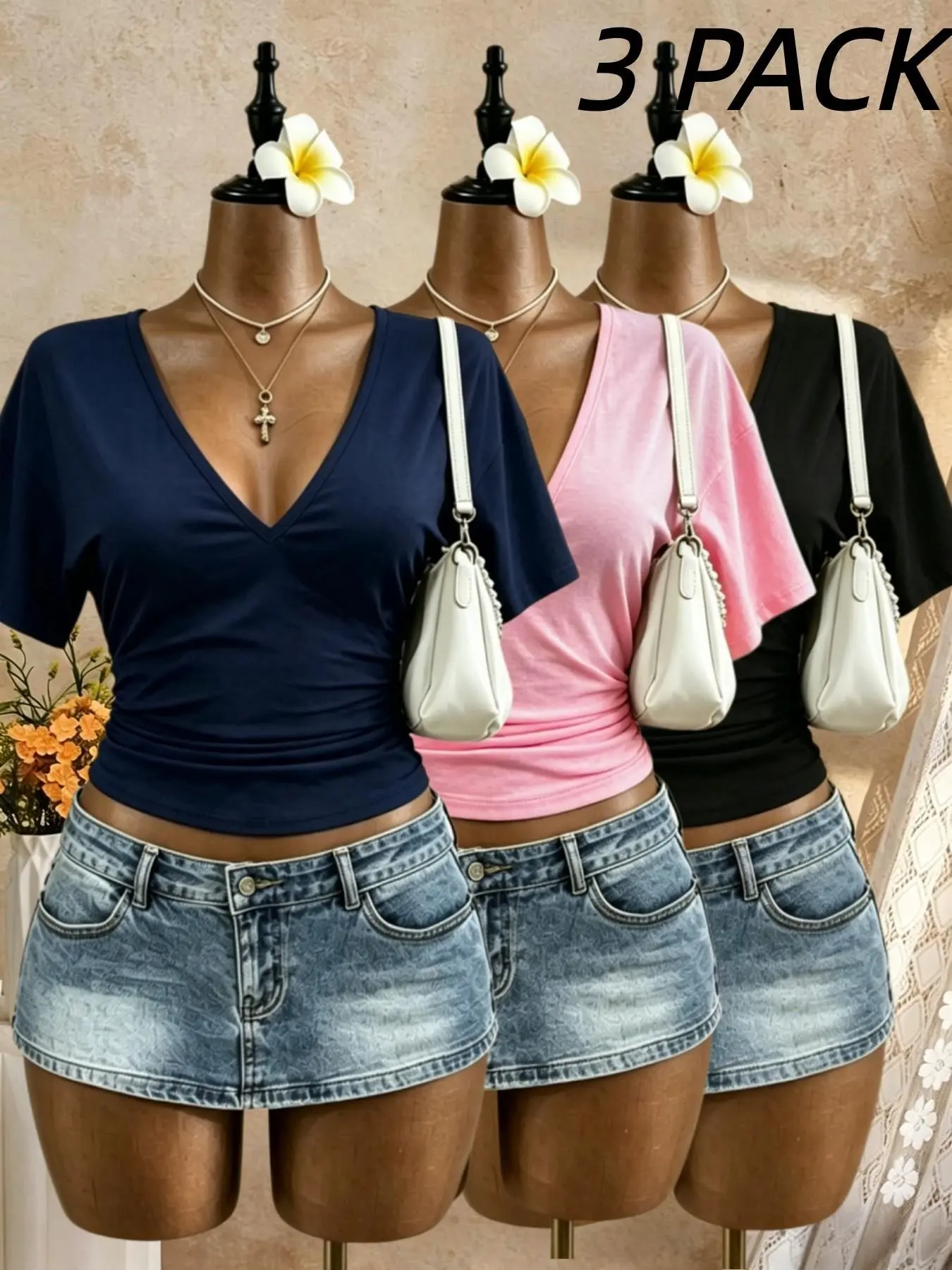 3-Pack Women's Solid Deep V-Neck Side Drawstring Ruched Short Sleeve T-Shirts, Casual American Style Slim Fit Basic Top Set