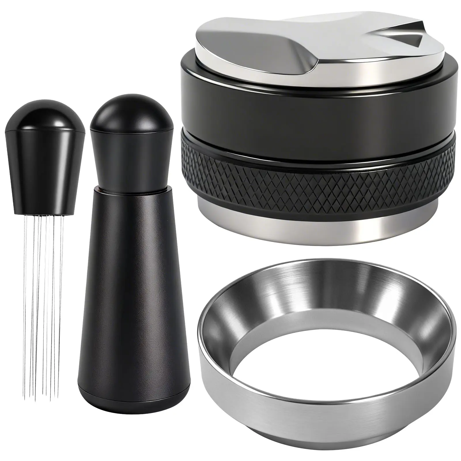 51mm Stainless Steel Espresso Accessories Kit - Coffee Distributor, Tamper Leveler, Round Dosing Funnel & WDT Tool for Delonghi Espresso Machines & Portafilters, Distributes Coffee, Delonghi Users