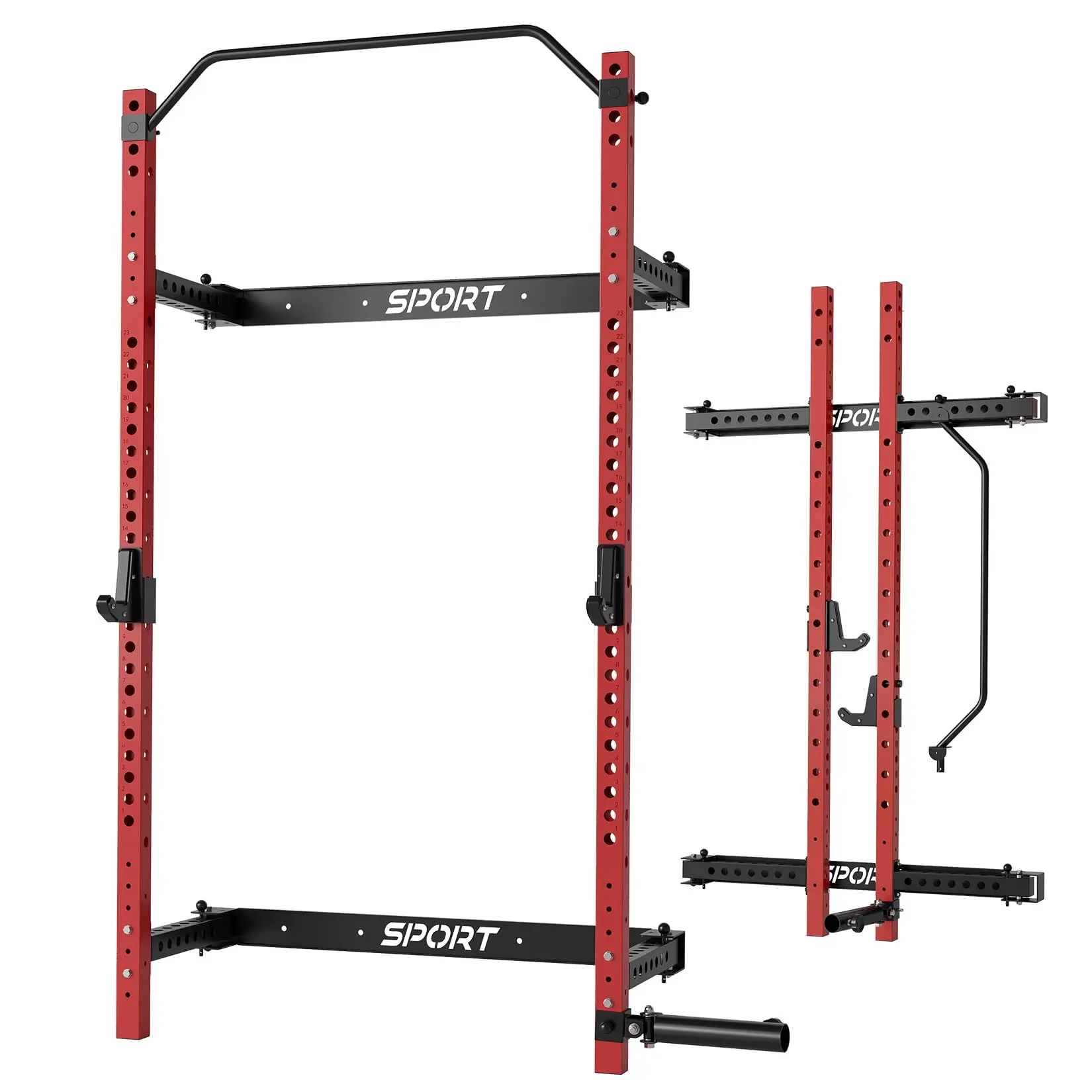 GARVEEFolding Squat Rack with 1000LBS Capacity, Wall Mounted and Foldable Design, Includes Pull Up Bar, J Hook, and Landmine for Versatile Home Gym Workouts