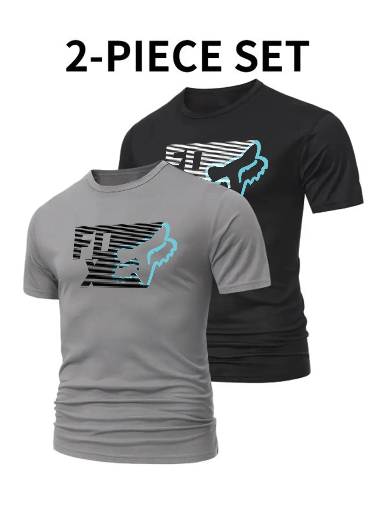 Two-Piece Soft Fox Print Motorcycle T-Shirt, Unisex Breathable Short Sleeve Top, Casual Streetwear for Daily Cycling and Fitness