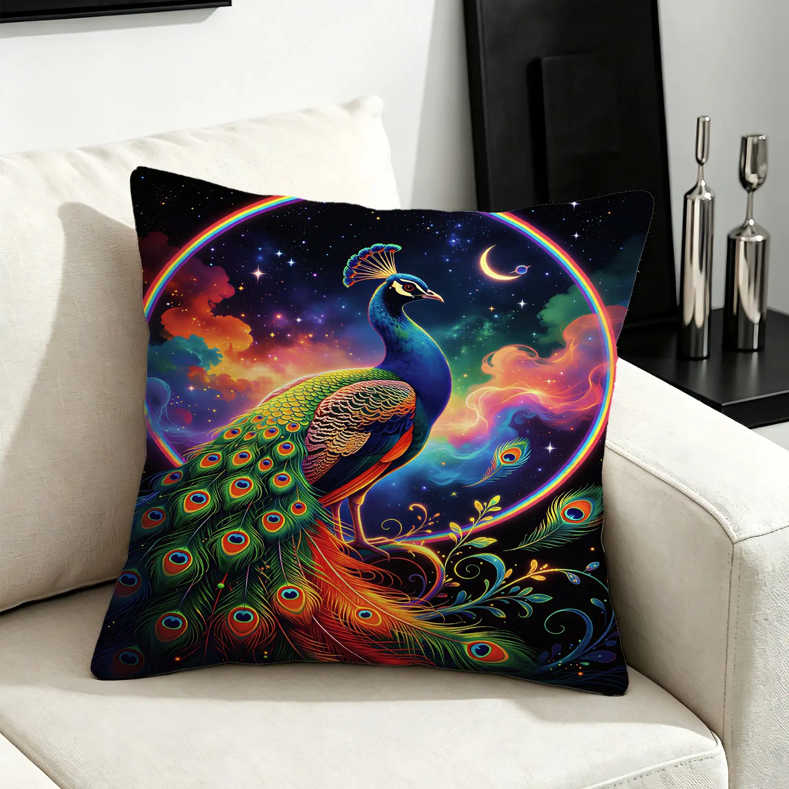 Cosmic Neon Peacock Throw Pillow with Filling, Washable Soft Microfiber Cushion for Sofa Cafe, Perfect Housewarming Birthday Xmas Gift