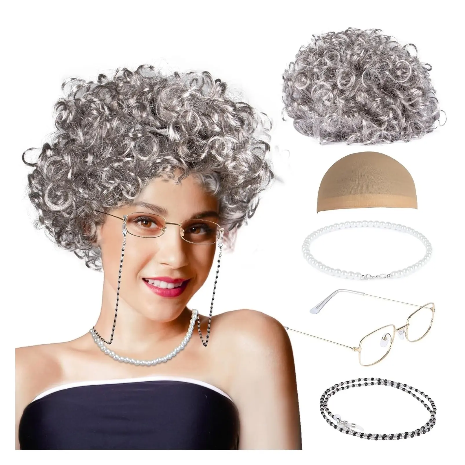 Granny Wig Set - Light Gray Old Lady Wig with Glasses Cap | Synthetic Elderly Woman Costume Accessories with Faux Pearl Necklace for Halloween Cosplay, Funny Old Lady Outfit PartyGift