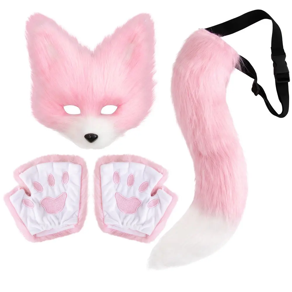 Halloween Cat Fox Plush Mask Set, Cosplay Party Costume Accessories, Realistic Animal Claws and Tail, Perfect for Halloween Parties and Events