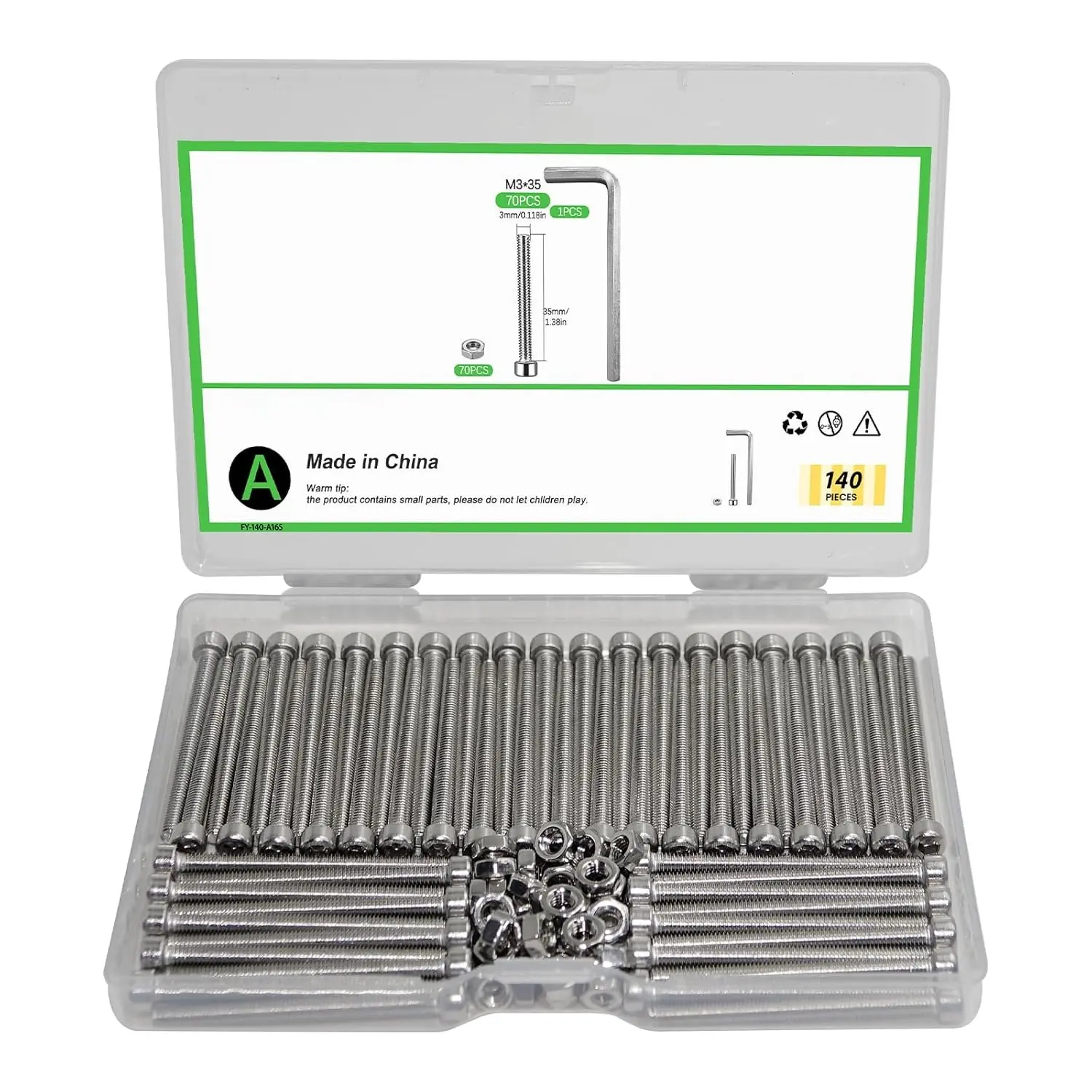 304 SS Socket Cap Screws, 140-Count M3 x 35mm (Millimeters) Metric, Allen Socket Drive, Full Thread, Bright Finish, Machine Thread, 304 Stainless Steel Fastener with Kit Box