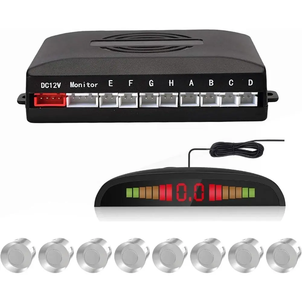 Silver Ultrasonic Car Reverse Backup Sensor System - Drill Mount, 8 Parking Sensors, 6m/20ft Distance Detection, LED Display, Distance Alert, 2.3m/7.5ft Range, Small Child Detection, Sensor Set