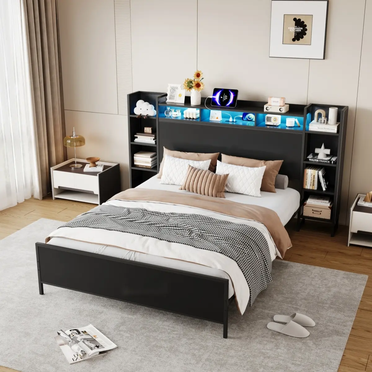 King Size Bed Frame with Bookcase Headboard, Heavy Duty Metal King Platform Bed Frames with Charging Station & LED Lights, No Box Spring Needed,Black