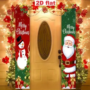 2D Flat Banner Porch Banner Pair, Polyester Material, Christmas Theme Decor, Santa and Snowman Design, Indoor Outdoor Hanging Flag