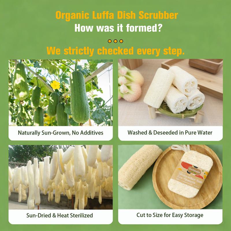 3-Pack Natural Luffa Cleaning Sponges | 100% Organic, Compostable & Non-Scratch | Plant-Based Scrubber for Dishes & Vegetables, 4.4x2.8 Inches