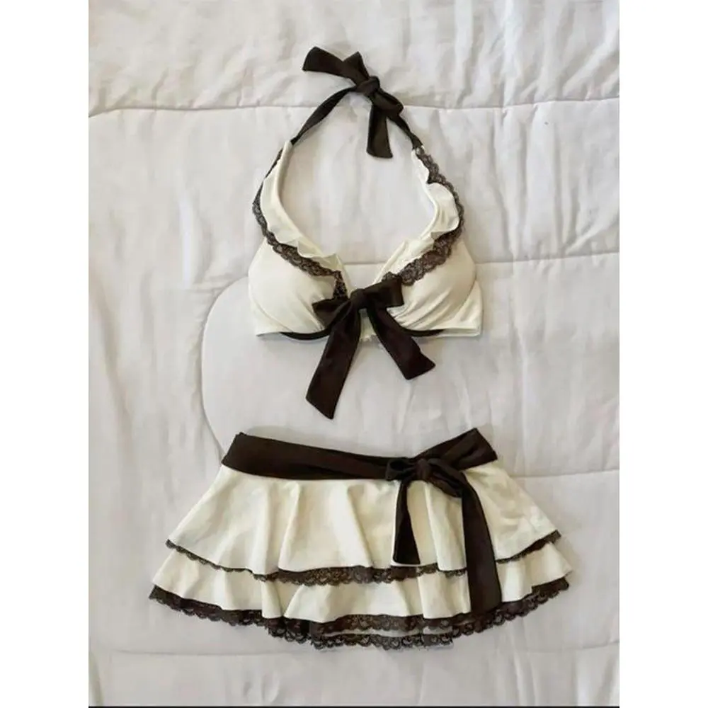 Summer Beige Lace Trim Bow Halter Skirted Bikini Set Beach Pool Vacation Cute Sweet Slim Y2K New Trendy Women's Swimsuit