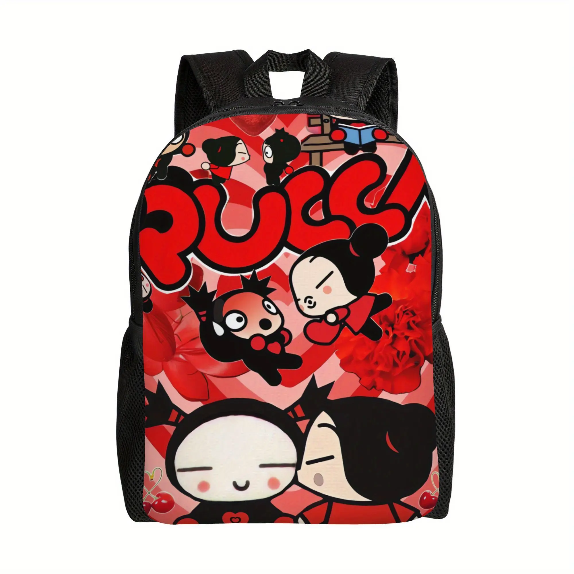 Durable Water Resistant 3-Piece Girls Backpack Set, Lightweight School Bag Lunch Box Pencil Case, 600D Red Heart Pucca Garu Couple Cartoon Print, Padded Straps, Insulated Lunch Bag Fits 15-inch Laptop for School Travel, Synthetic, Polyester, Cherry And Ti