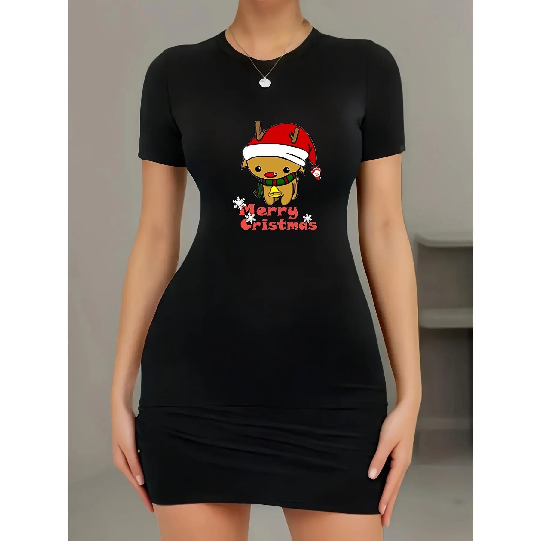 Women's Sexy Christmas Reindeer & Merry Christmas Lettering Short Sleeve T-Shirt Mini Dress - Stretchy Round Neck Bodycon Fit, Machine Washable Holiday Party Outfit, Christmas Garland, Festive Outfit, Comfortable Fabric