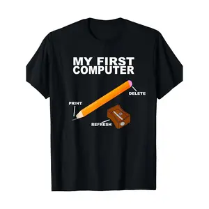 My First Computer Pencil Funny Nerd Graphic Tee Men 100% Cotton Oversized Relaxed Short Sleeve Breathable Crew Neck Casual Streetwear Humor Tech Geek Tshirt