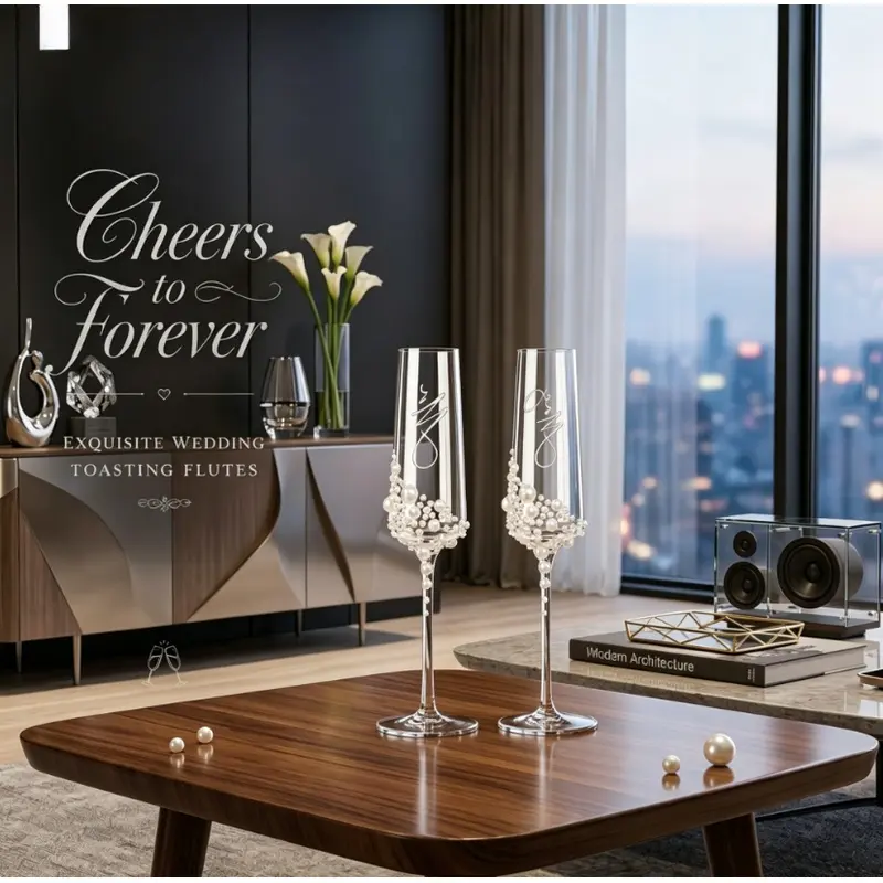 2 Piece Elegant Champagne Glasses Set Pearl Crystal Decoration Handmade Calligraphy Transparent Ideal for Wedding Celebrations