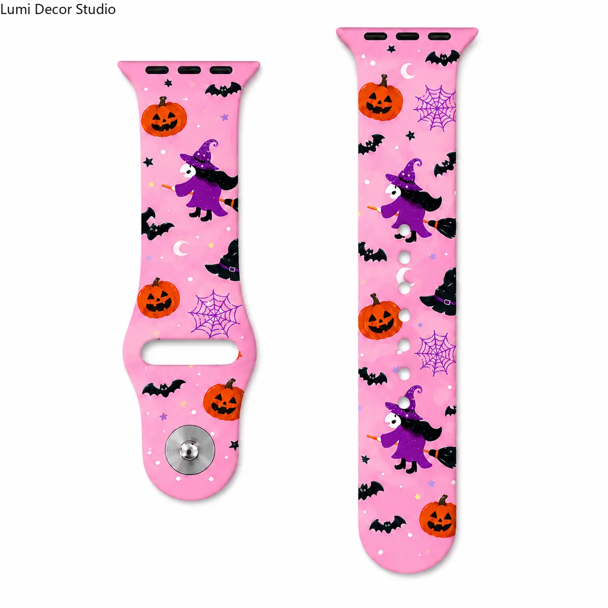 Pink Halloween Silicone Watch Band - Cute Pumpkin Bat Witch Print Adjustable Replacement Strap for Smartwatches and Daily Seasonal Wear