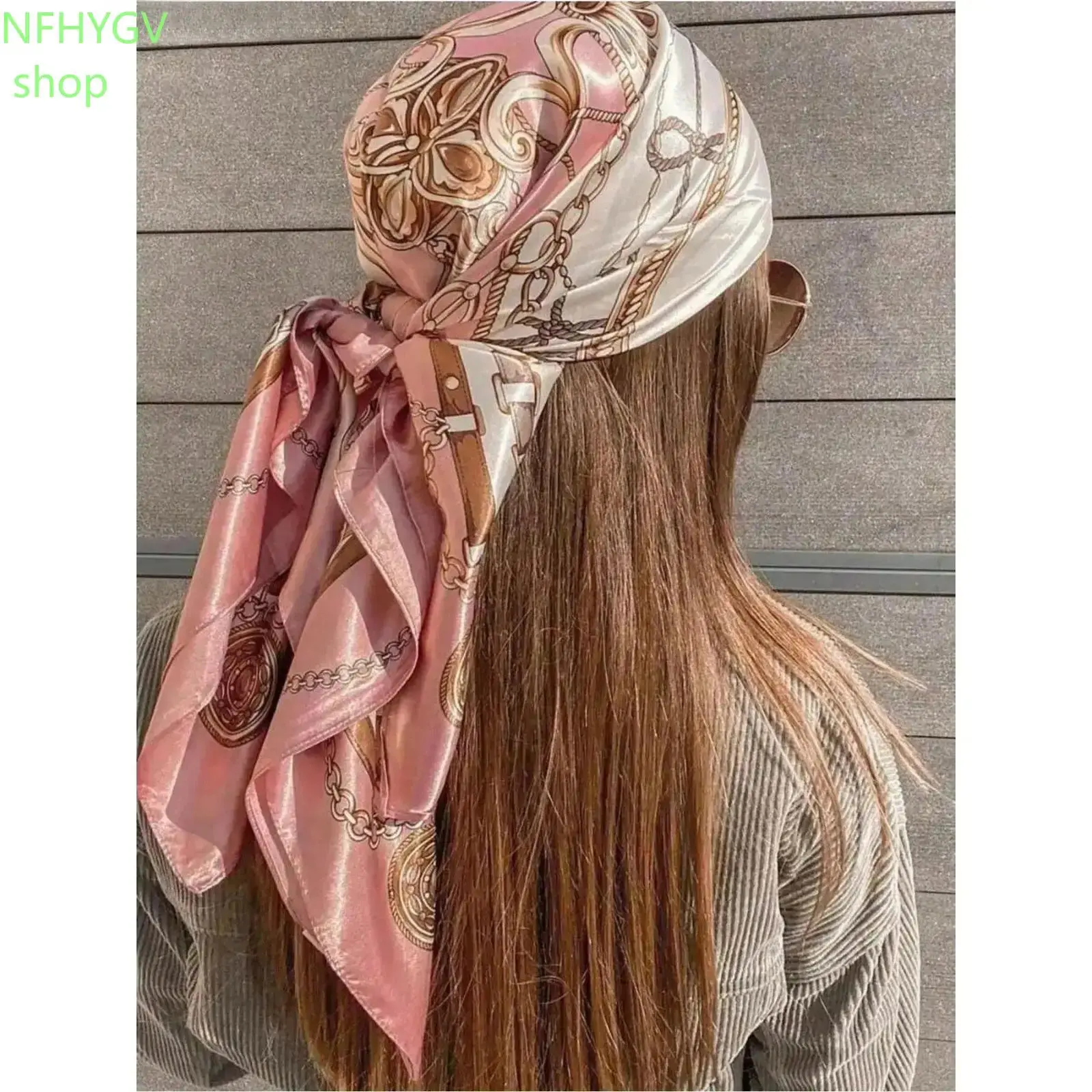 Pink Satin Chain Print Square Scarf, Boho Style Lightweight Versatile Bandana, Multi-Use Fashion Women’s Accessory, Wearable As Headband or Neck Wrap for Daily Casual, Vacation and Travel Styling