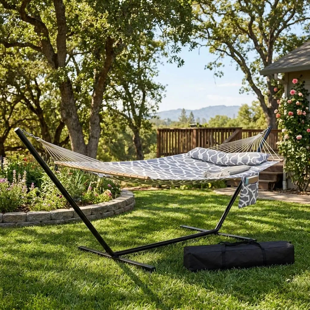 2 Person Hammock Set with Collapsible Steel Frame 450 Lbs Load Bearing UV Resistant with Storage Bag Ideal for Backyard and Camping