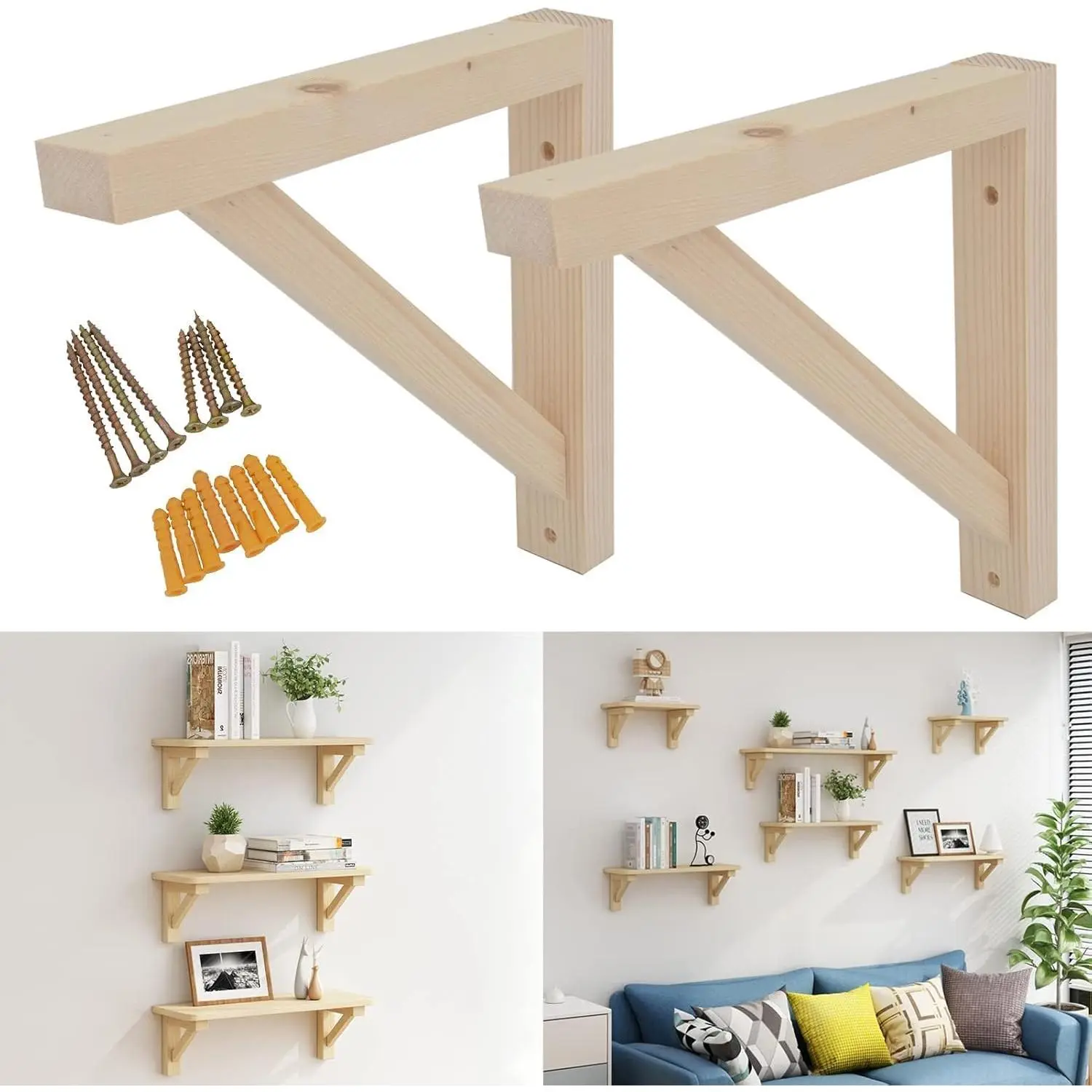 2 Pack Wall Mount Wooden Shelf Brackets Triangle 7 Inch | Include Mounting Screws, Decorative, Unfinished, for Shelves Support, Plank Sconce, Clapboard Bracket, Pendant Lamp, DIY