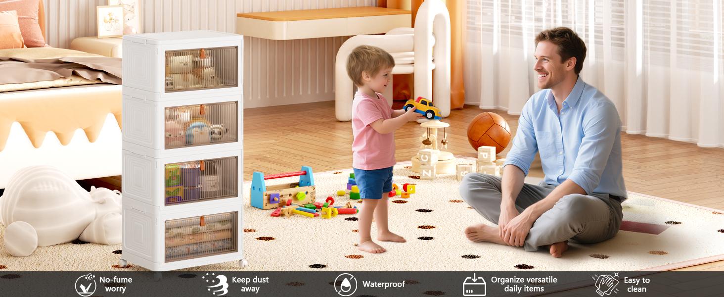 4 Tier Stackable Plastic Storage Bins with Lid and Wheels - 23 QT Closet Organizers and Storage, Foldable Storage Containers, Organization and Storage Boxes for Craft, Home, Pantry, Dorm, Grey