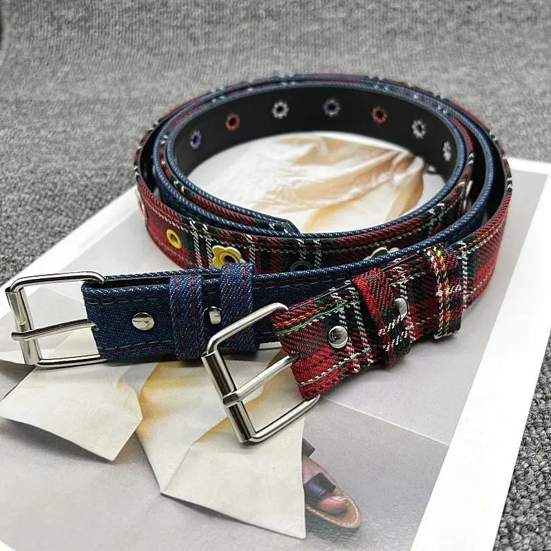 Versatile Y2k Red Plaid Waist Belt Adjustable Cute Pin Buckle Waistband Punk Korean Style Dopamine Flower Belt Casual Wear