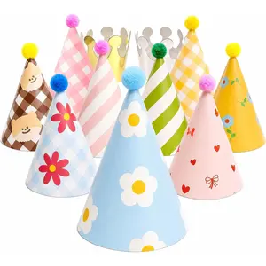 Olen Party Hats for Kids Birthday, 11 Pack Birthday Hats with Pom Poms, Paper Cone Caps and Crown Set for Toddlers, Stuffed Animals, Pets, Girls Boys Celebration Photos
