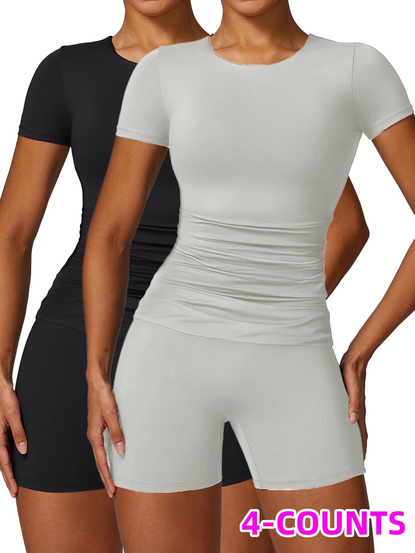 Two-Piece Set Women's Solid Round Neck Tee & High Waist Biker Shorts Athletic Tracksuit Set, Casual Short Sleeve T-shirt & Skinny Shorts, High Stretch Activewear, Ladies Sportswear Yoga Outfit Set for Indoor Outdoor Wear Athletic Workout Set