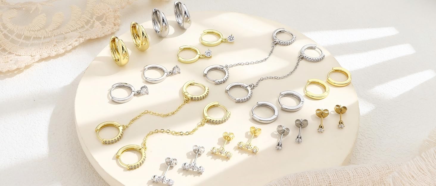 MILACOLATO 6Pairs Gold/Silver Earrings for Women Hypoallergenic Earrings Surgical Steel Cubic Zirconia Stud Huggie Hoop Cartilage Earring Set Chain Dangle Helix Hoop Earring Stack for Multiple Piercings