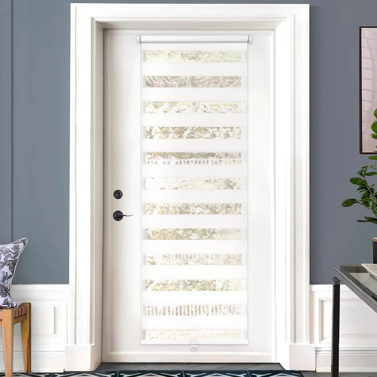 Cordless French Door Zebra Blinds, No Drill Roll Up Day Night Light Control Sheer Shades for Front Patio Sidelight Glass, 25.8'' W x 78'' L, White