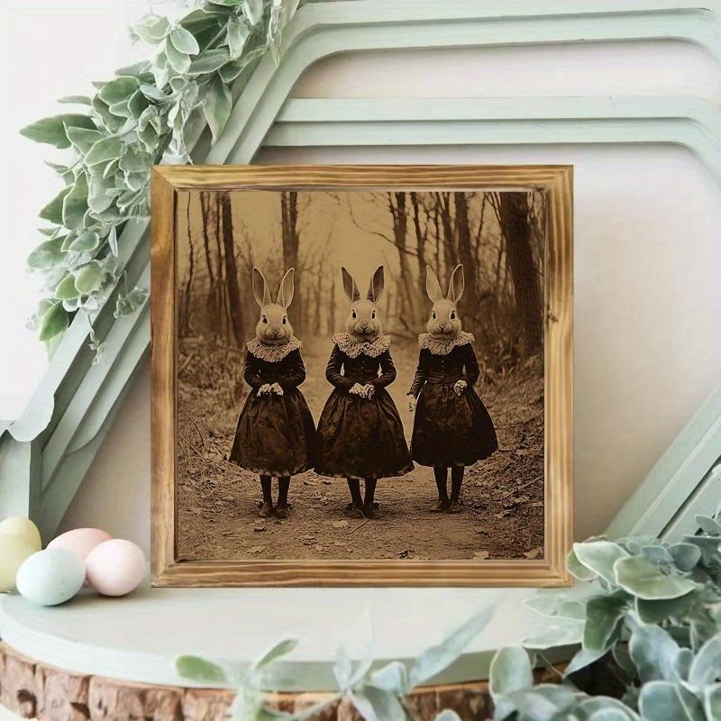 8" x 8" Vintage Victorian Rabbit Women Wood Wall Art - Farmhouse Style Signage with Golden-Toned Frame, Dark Brown Rabbit Painting for Living Room, Bedroom, Bathroom, Office Decor - Rustic Home Decoration & Holiday Gift Idea