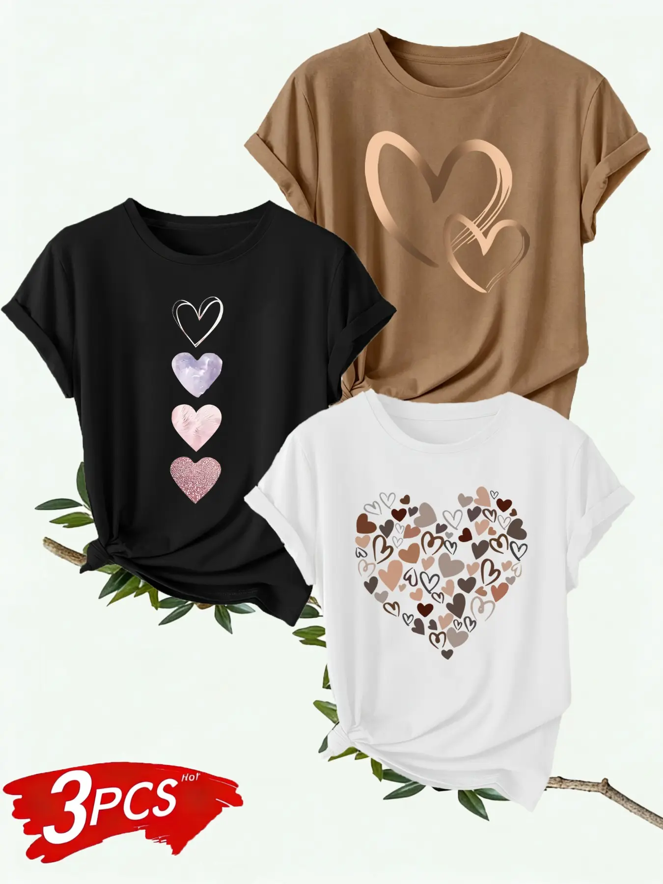 3-Pack Spring Summer Women's Heart Print Round Neck Short Sleeve Tops, Casual Sporty Style, Daily and Home Wear, Ladies Clothing