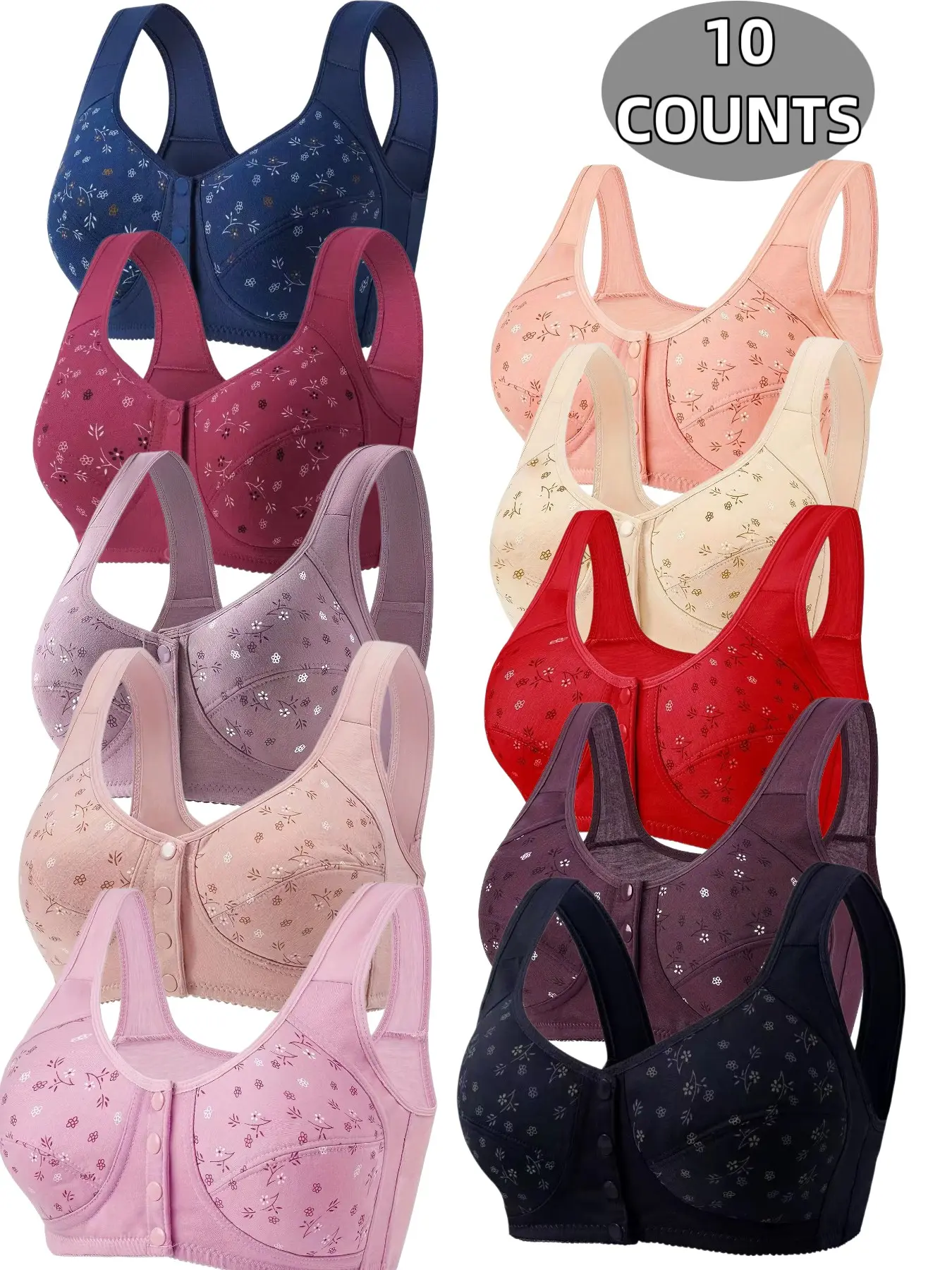 10-Pack Lightweight Floral Wireless Fit Bras, Elegant Comfortable Breathable Push-Up Underwire-Free, Elderly-Friendly Front Buckle Design, All-Season Wear