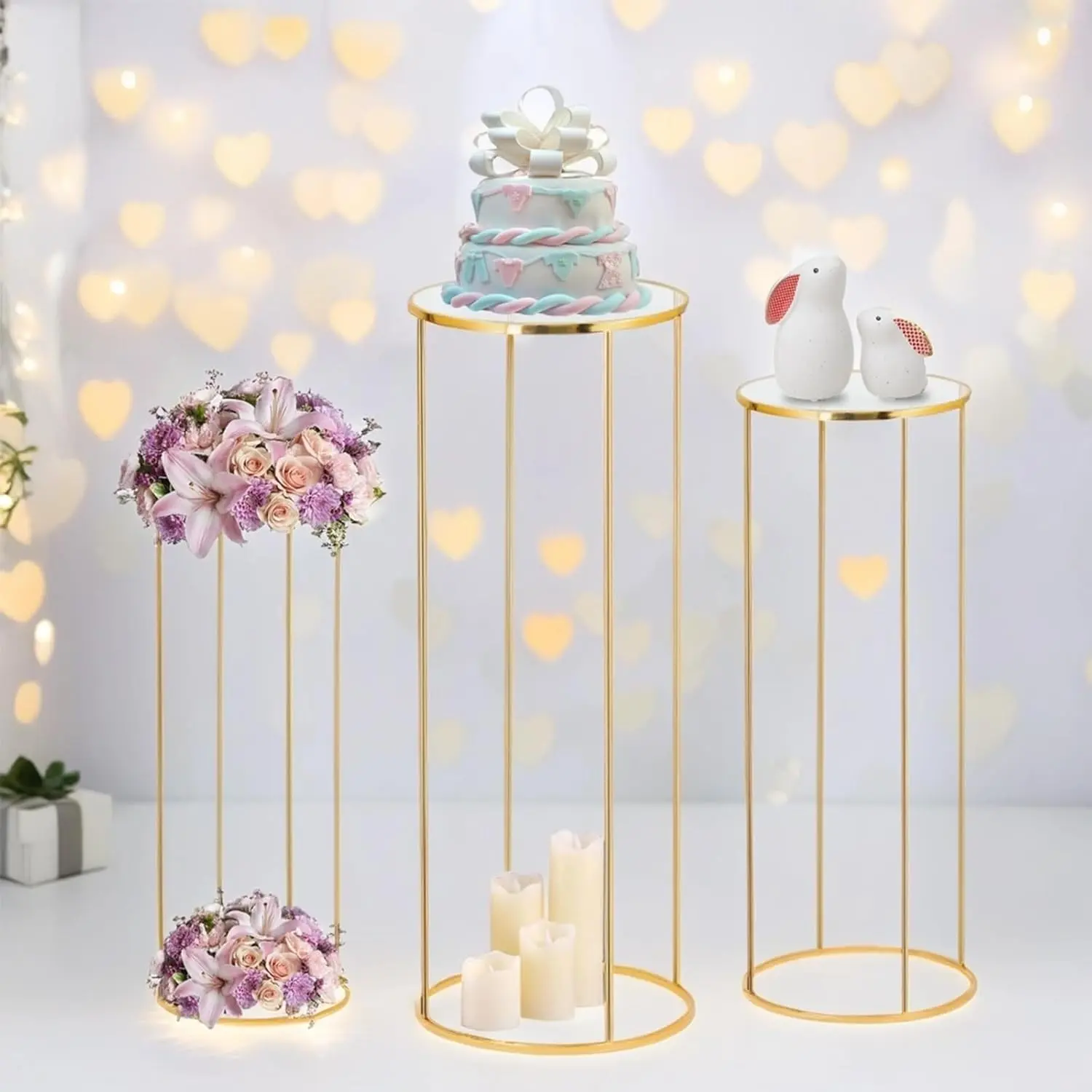 3pcs Gold Metal Plant Stand, Cylinder Pedestal Stands for Party, Metal Plant Columns Pedestal Stands for Display, Round Cylinder Columns tables for Weddings Cake Stand Floor Plant Tables