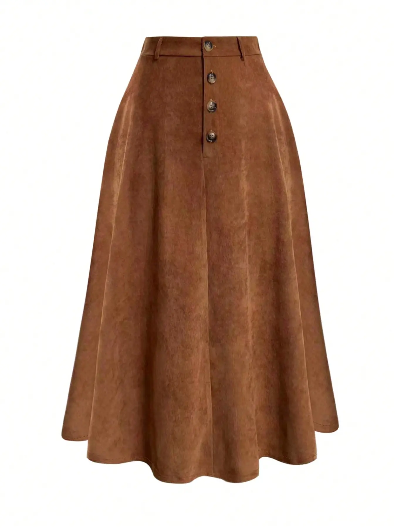 Women's Vintage Camel Velveteen Midi Skirt, High Waist Front Button A-Line Half Dress, Elastic Back Waist, Fall Winter Daily Wear