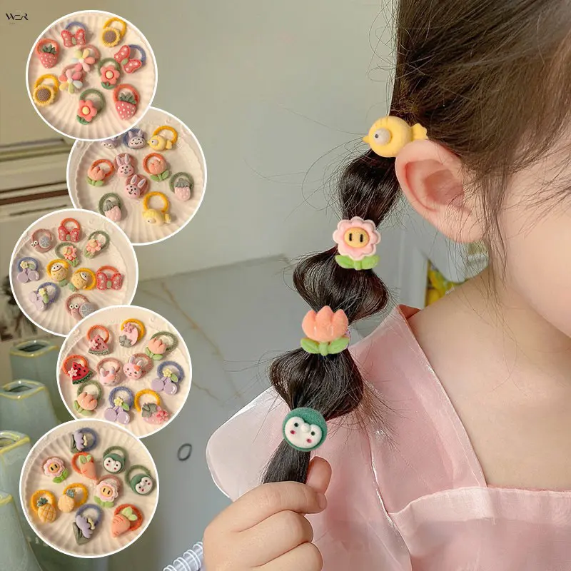 10Pcs Silicone Cute Cartoon Fruit-Animal Shapes Mini Hair Ties Set, Macaron Color No-Hurt Small Elastic Ponytail Bands, Kids Girls Bulk Hair Accessories (Promotion), Flowers