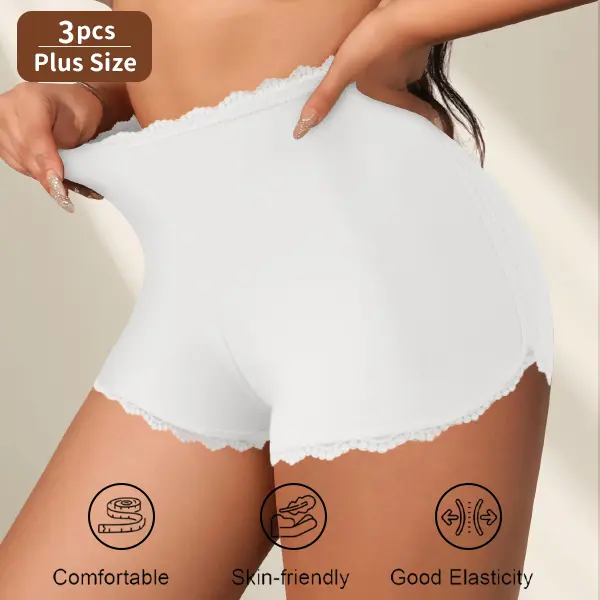 3Pcs Plus Size Lace Trim Safety Shorts, High Elastic Anti Chafe Anti Ride Under Dress Boyshort Panties Soft Skin Friendly Everyday Underwear, 1XL-5XL