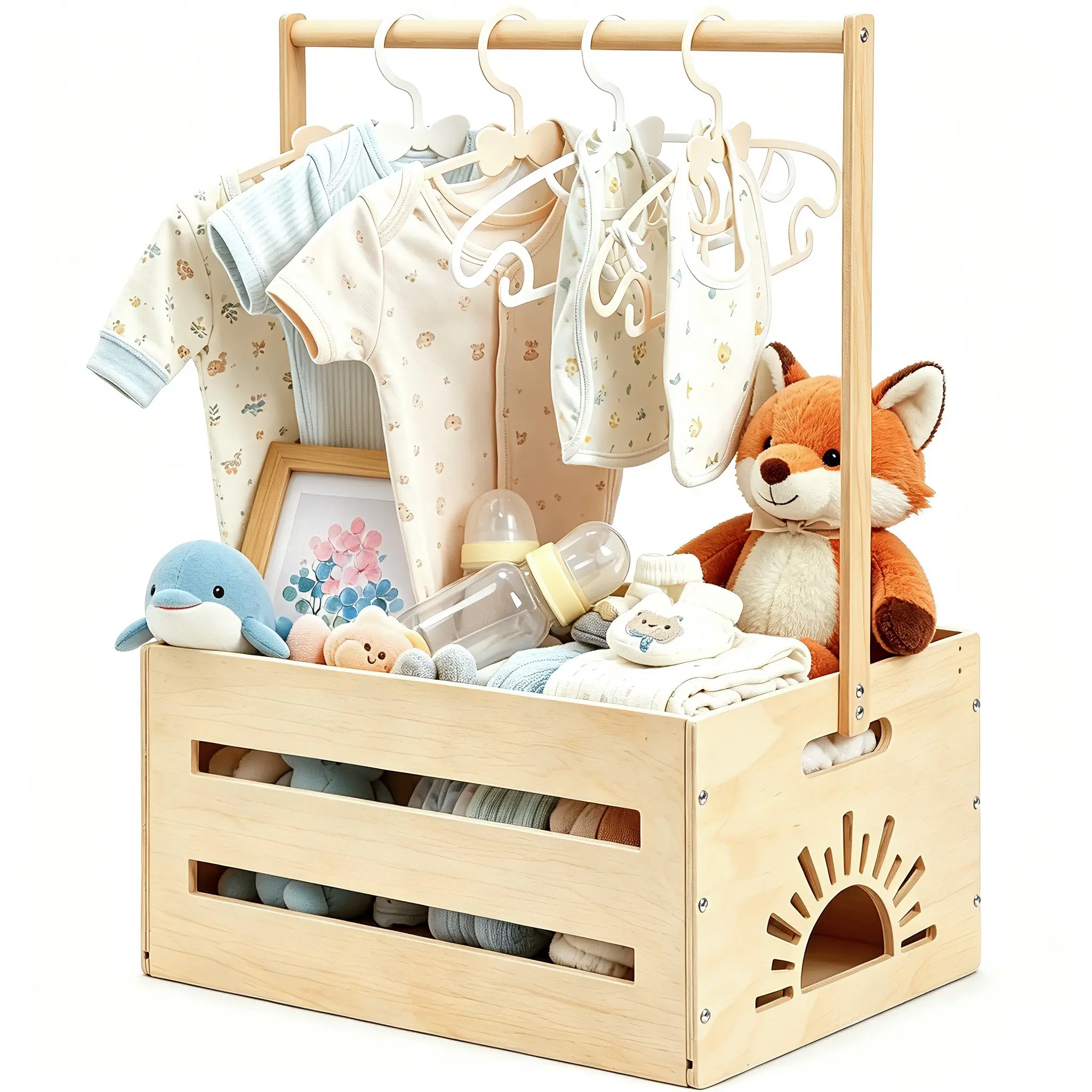 Wooden Shower Crate Closet with Hanging Rod and Decorative Hangable Storage Basket, Contemporary Closet Organiser, Household Storage Organizer for New Parents, Perfect for Shower Gifts, Shelf Baskets (sun)
