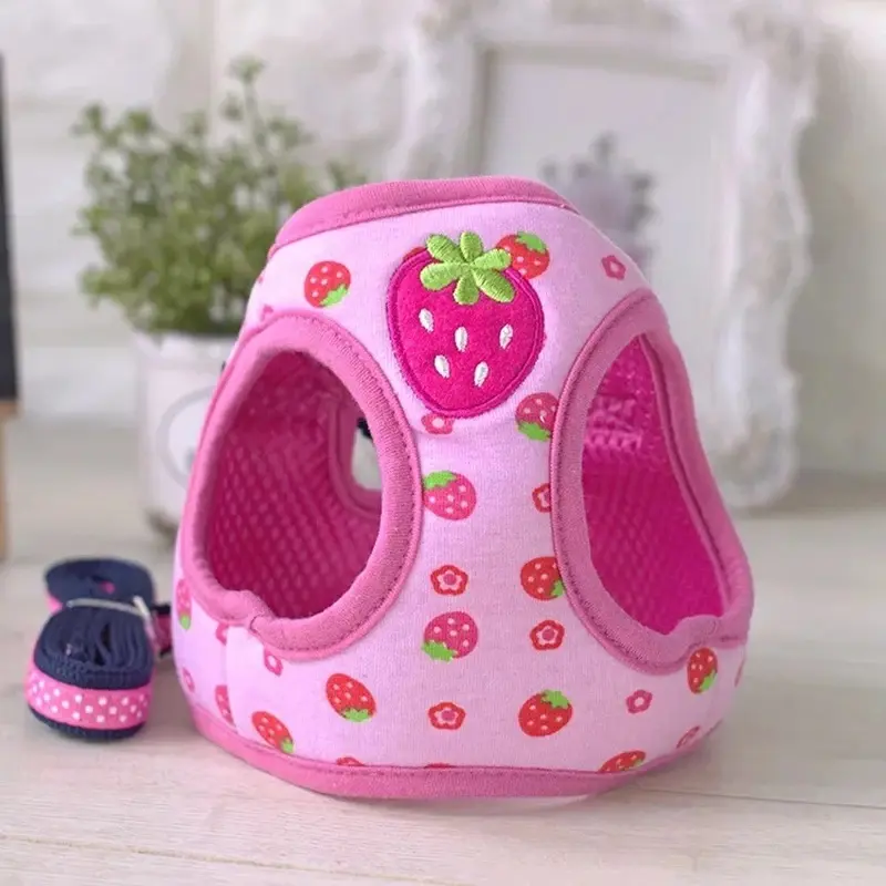 Soft Adjustable Pet Harness Vest Set with Strawberry Collar and Leash - Pink, Blue, Yellow Options - for Dogs (Including Pitbulls) and Cats