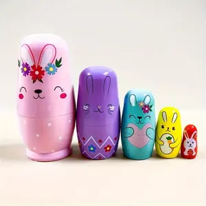5-Layer Bunny Russian Nesting Dolls,Easter Cute Rabbit Wooden Matryoshka Nesting Dolls with Garland Carrot Heart Pattern for Kids Stacking Christmas Birthday Easter Toy Gift Home Decoration