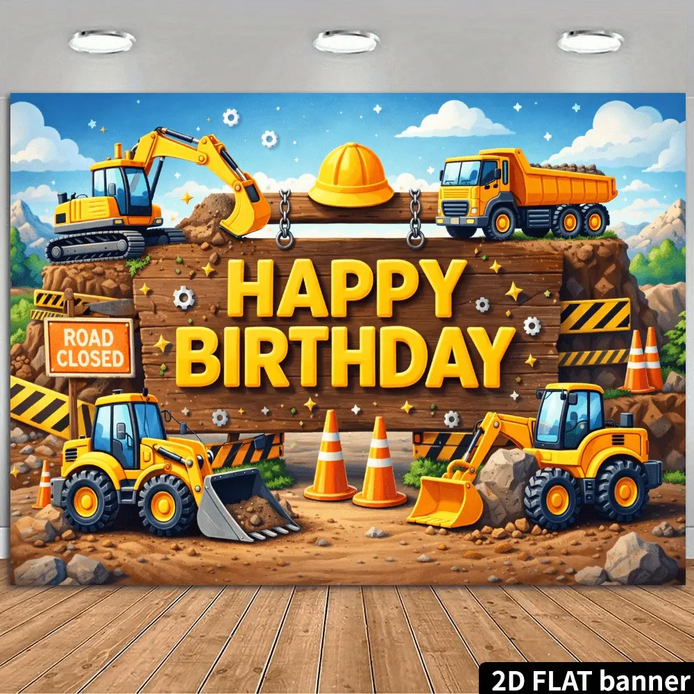 Engineering Vehicle Birthday Party Banner, Excavator Dump Truck Construction Theme Background, Polyester Material, Metal Hooks, Kids Party Decor