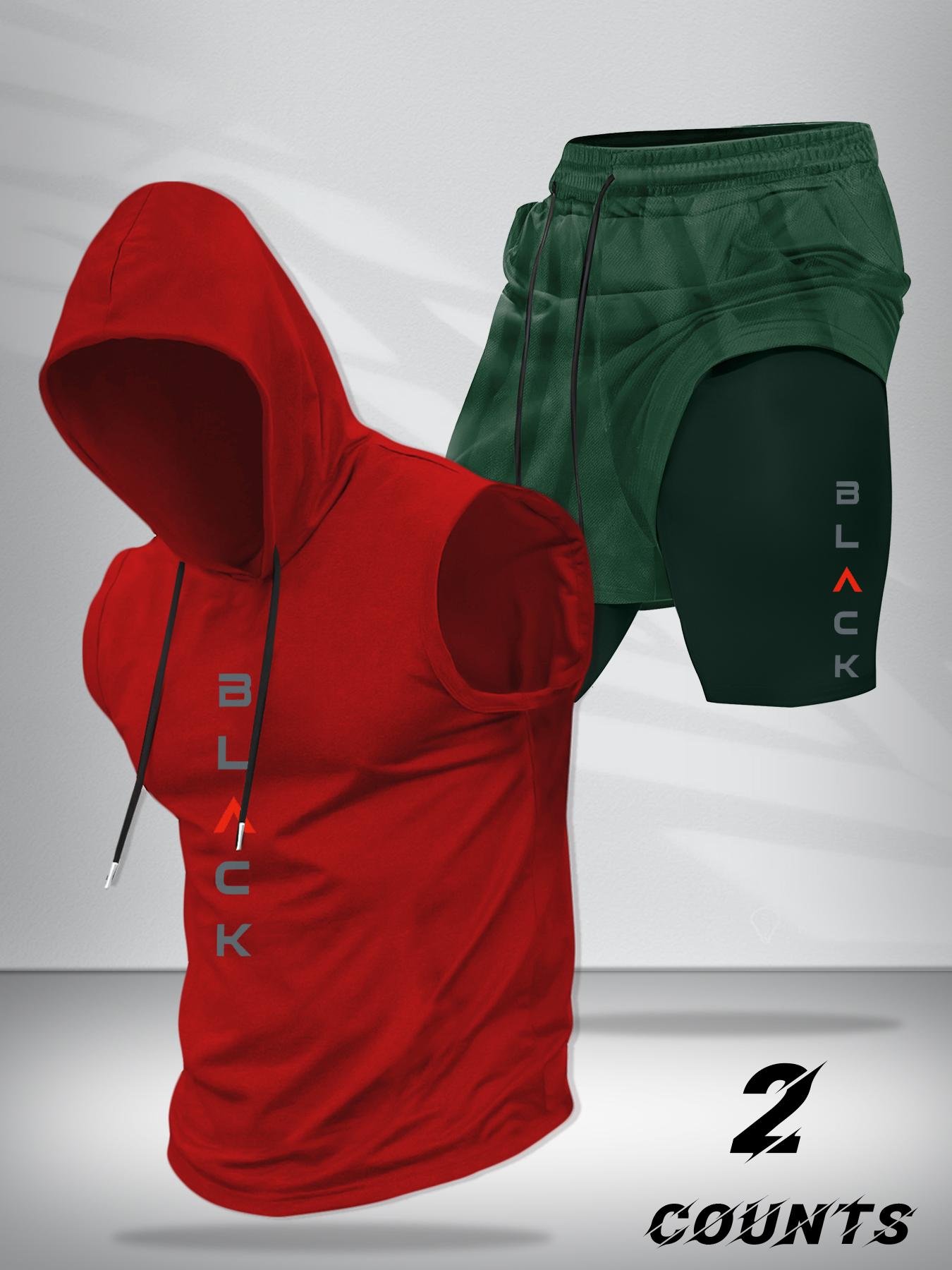 Two-Piece Set Men's Hooded Tank Top & Shorts Set, Regular Fit Casual Pullover Hoodie & Shorts, Men's Two-piece Outfits for Daily Wear, Casual Gym Wear