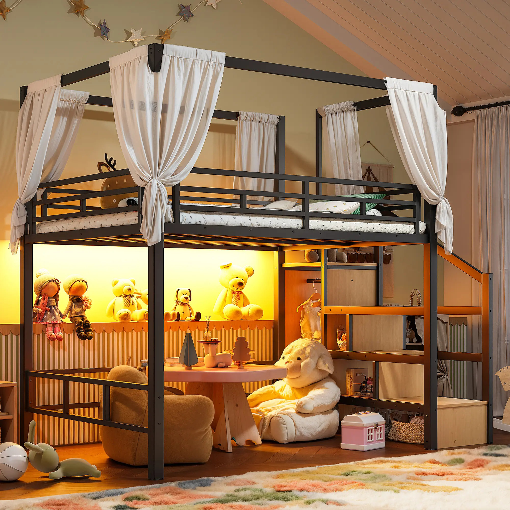 Full Size ARCH Canopy Bed Frame with Storage Stairs, Wardrobe, LED Light, MDF-Metal Build, Black, Ample Underbed Space for Desk/Lounge, Space-Saving for Bedroom/Dorm, 56.69W x 91.73D x 78.74H in (MDF Metal Bed Frames)