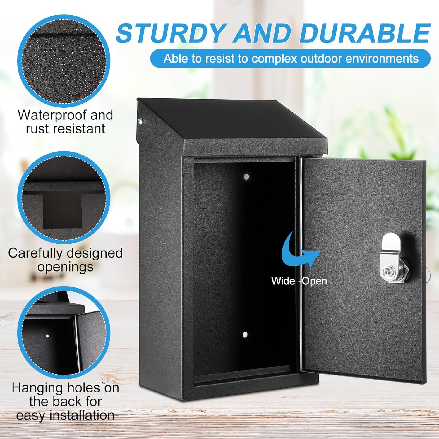 Metal Locking Mailbox Wall Mount Key Drop Mailbox for Outside Suggestion Box  Box Donation Box for  Hanging Secure Postbox with 2  Office Garden(Balck,10 x 5.5 x 3)
