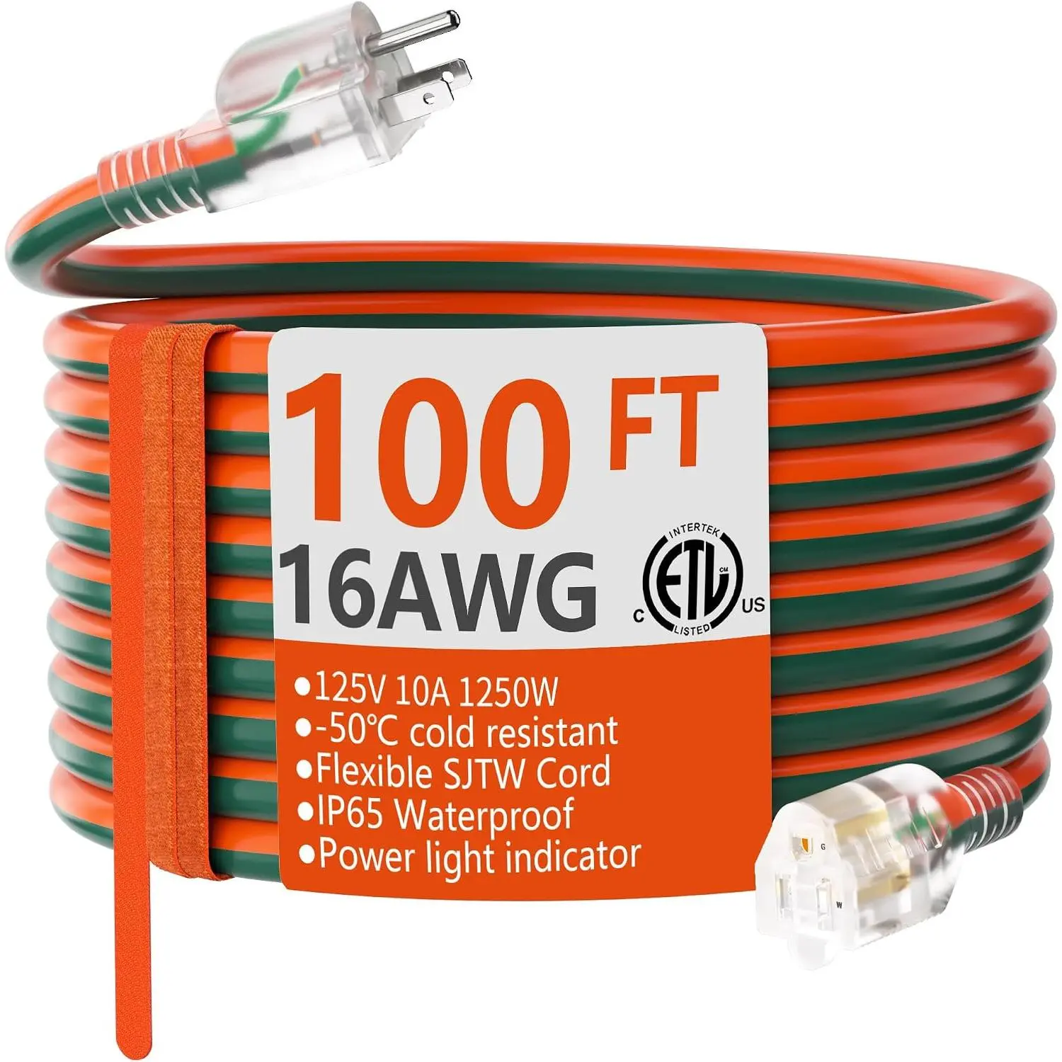 16 Gauge 100 ft Outdoor Extension Cord with Lighted End, Flexible Cold-Resistant 3-Prong Waterproof SJTW Electric Cord, 10A 1250W 16AWG, Orange Green, ETL Listed, Panel Compatible, Lug Equipped