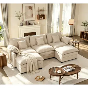 [2 Packages Shipping] 108" U-Shaped Modular Sectional Sofa - Comfy Cloud 3-Seater with 2 Movable Ottoman, Cloud Sofa,Deep Seat Linen Couch for Living Room, Beige Color ,Comfort & Stylish Design,Chenille pink