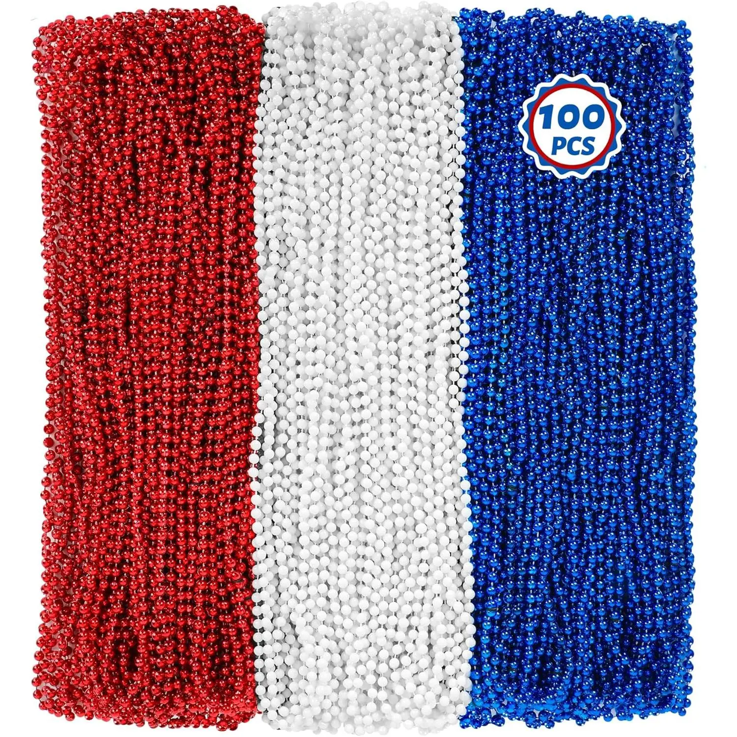 Women's Patriotic Beads Necklaces Bulk - 100 PCS 33" Red White Blue Necklaces, 4th of July Party Parade Memorial Day Accessories Set, Independence Day, Bulk Packaging, 33" Long Necklace