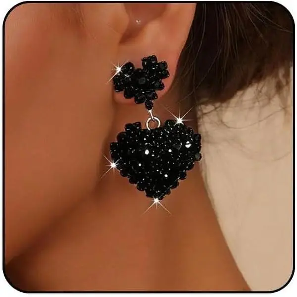 Earrings for Women Valentines Earrings  Rhinestone Heart Drop Dangle Earring Sparkly Hot  Black Earring Dangling Bling Valentines Day Gifts for Her Hearts Valentine Outfits Accessories