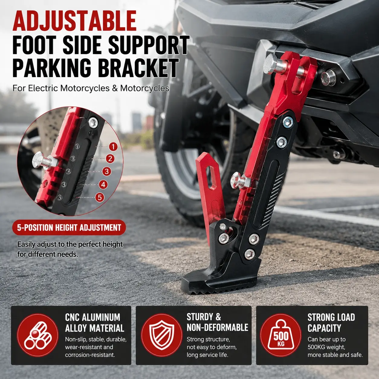 Adjustable Motorcycle Side Stand, Motor Parts Accessories, Universal Electric Bike Kickstand, Sturdy Metal Parking Aid Fits All Models, Prevents Tipping, Space-Saving Portable Design, Easy Tool-Free Installation for Secure Parking & Daily Riding Safety.