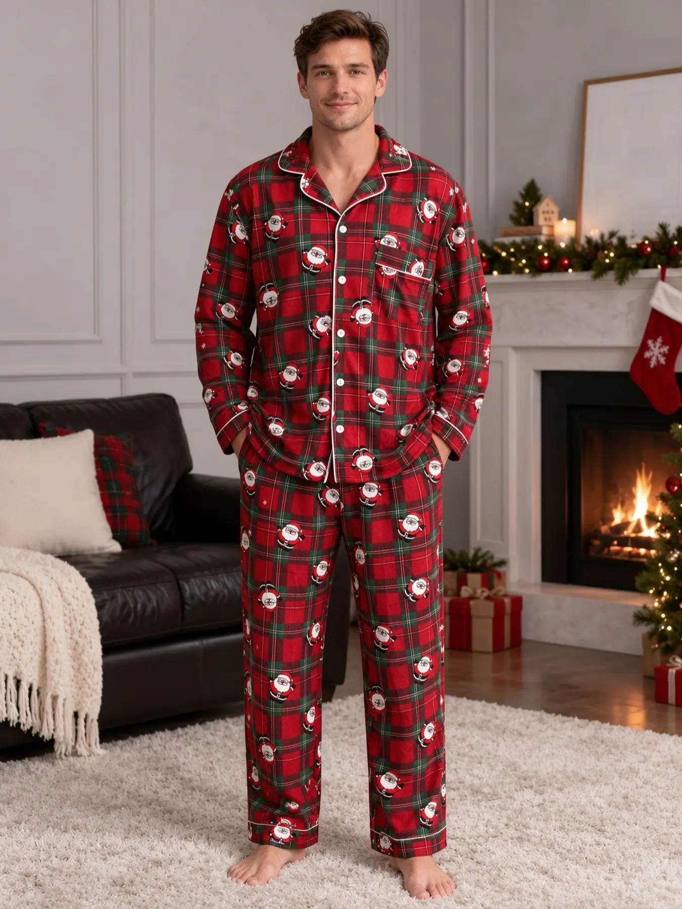Men's Autumn Red Plaid Santa Print Pajama Set, Long Sleeve Open Front Cardigan with Pockets, Holiday Party Home Wear Two-Piece Set