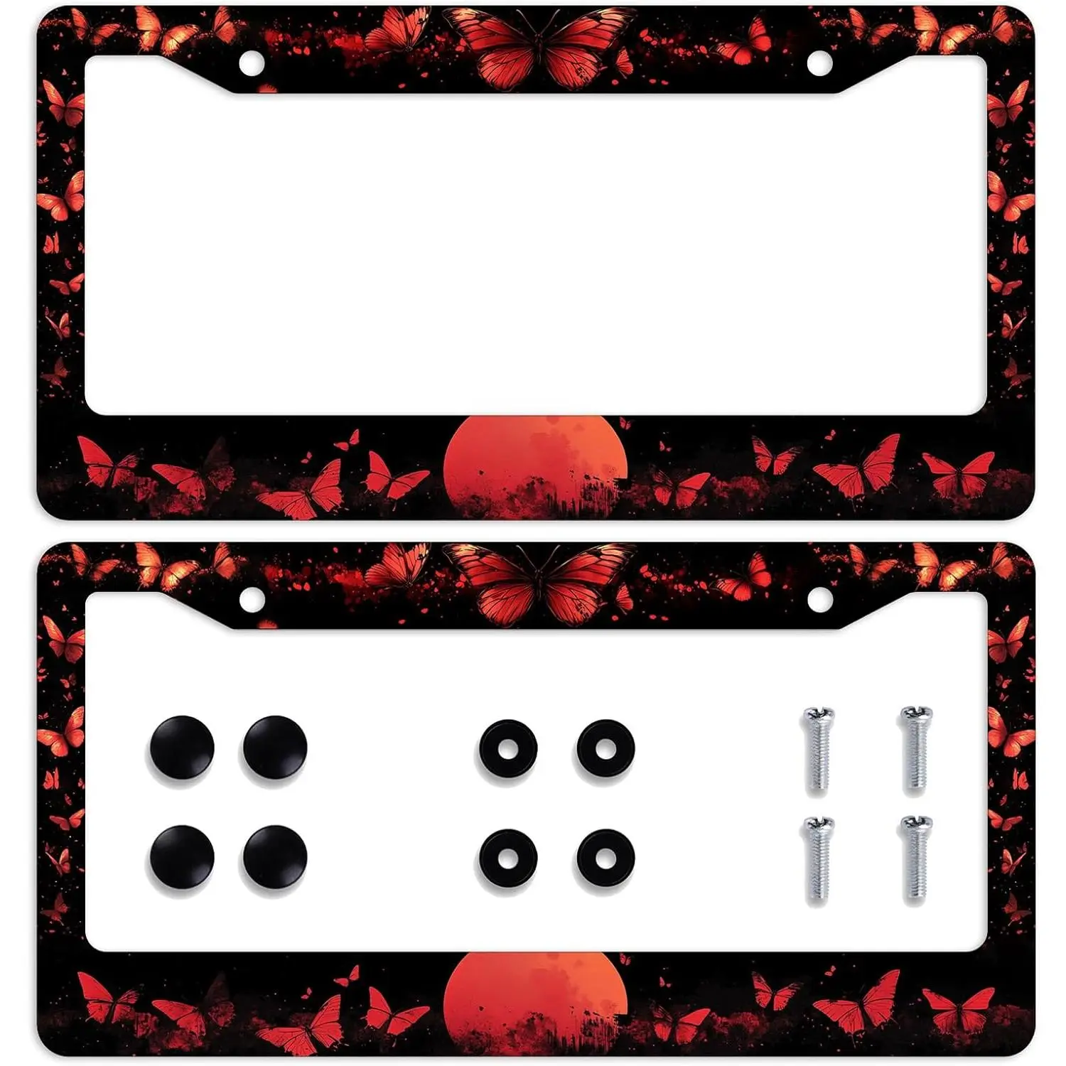 Cool Red Blood Moon License Plate Frame 2 Pack, Gothic Red Butterfly Car Tag Holder, Black Aluminum Novelty Mystical Dark Fantasy Auto Plate Covers for Front Rear Plates with Screws Caps