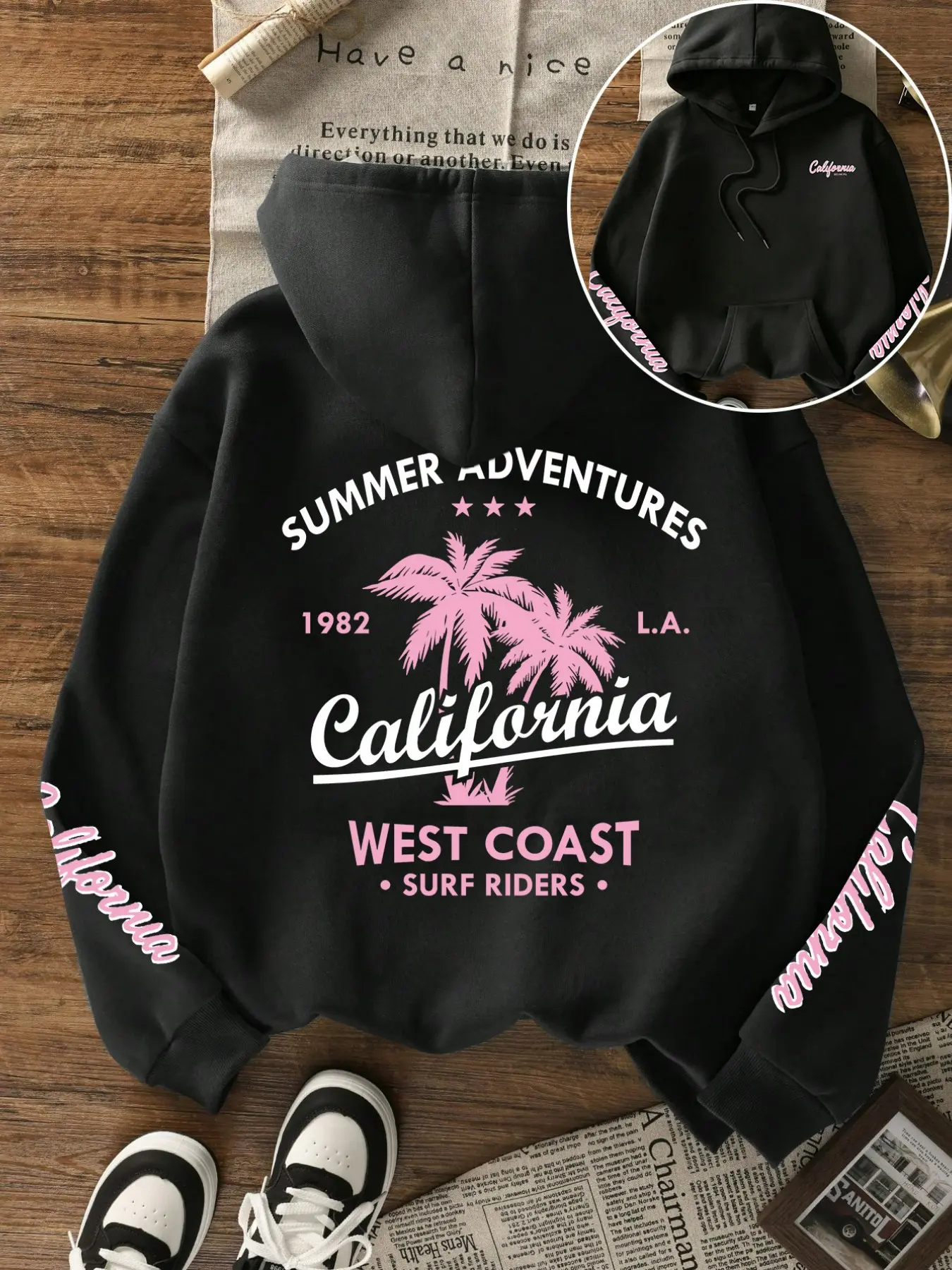 Women's Casual Loose Fit Coconut Tree Pattern Hoodie, Tropical, Long Sleeve Letter Print, Fall Winter Fashion, Daily Wear Outerwear